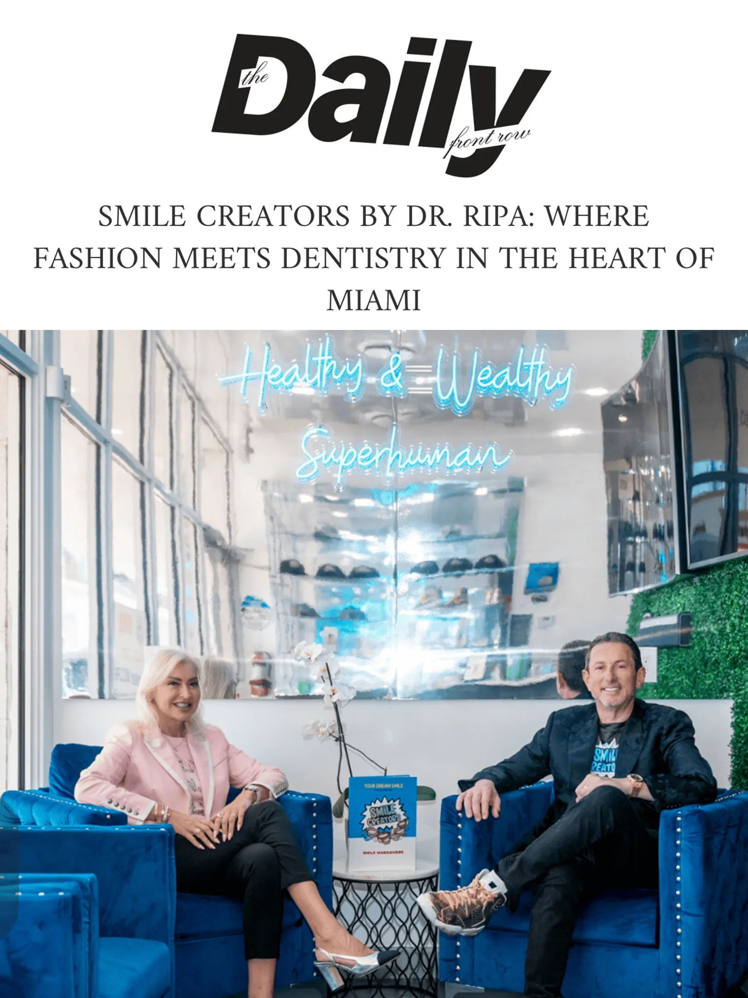 Two people seated in blue armchairs at a dental office. Text reads