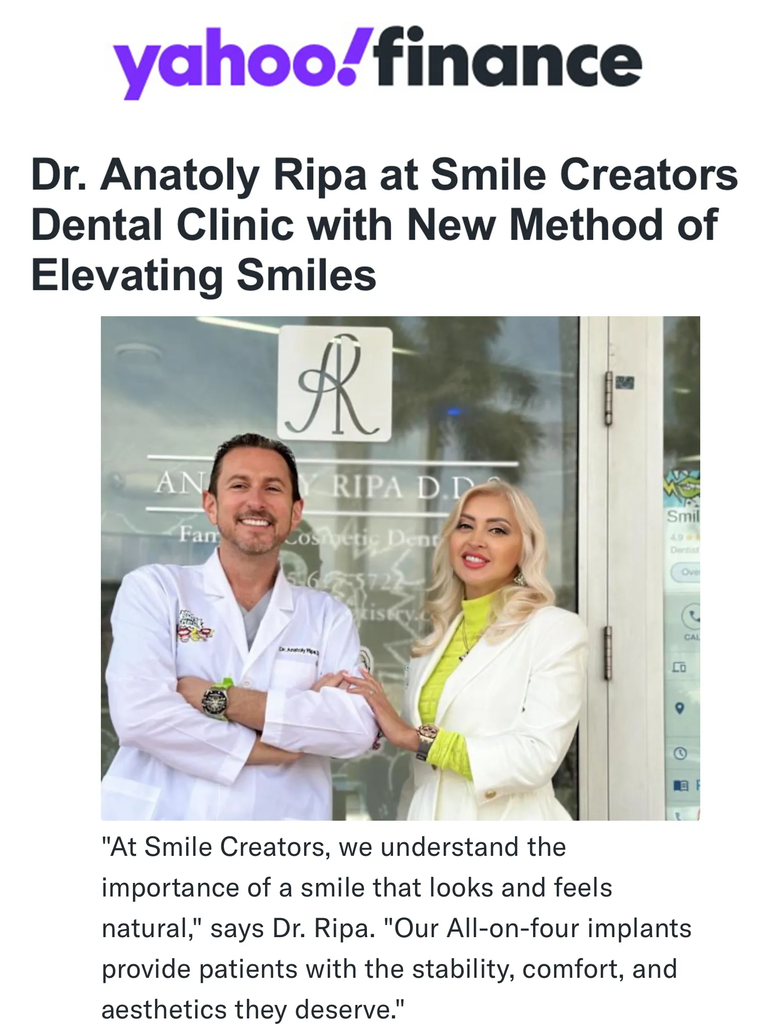 Yahoo Finance article featuring Dr. Anatoly Ripa and a woman outside Smile Creators Dental Clinic.