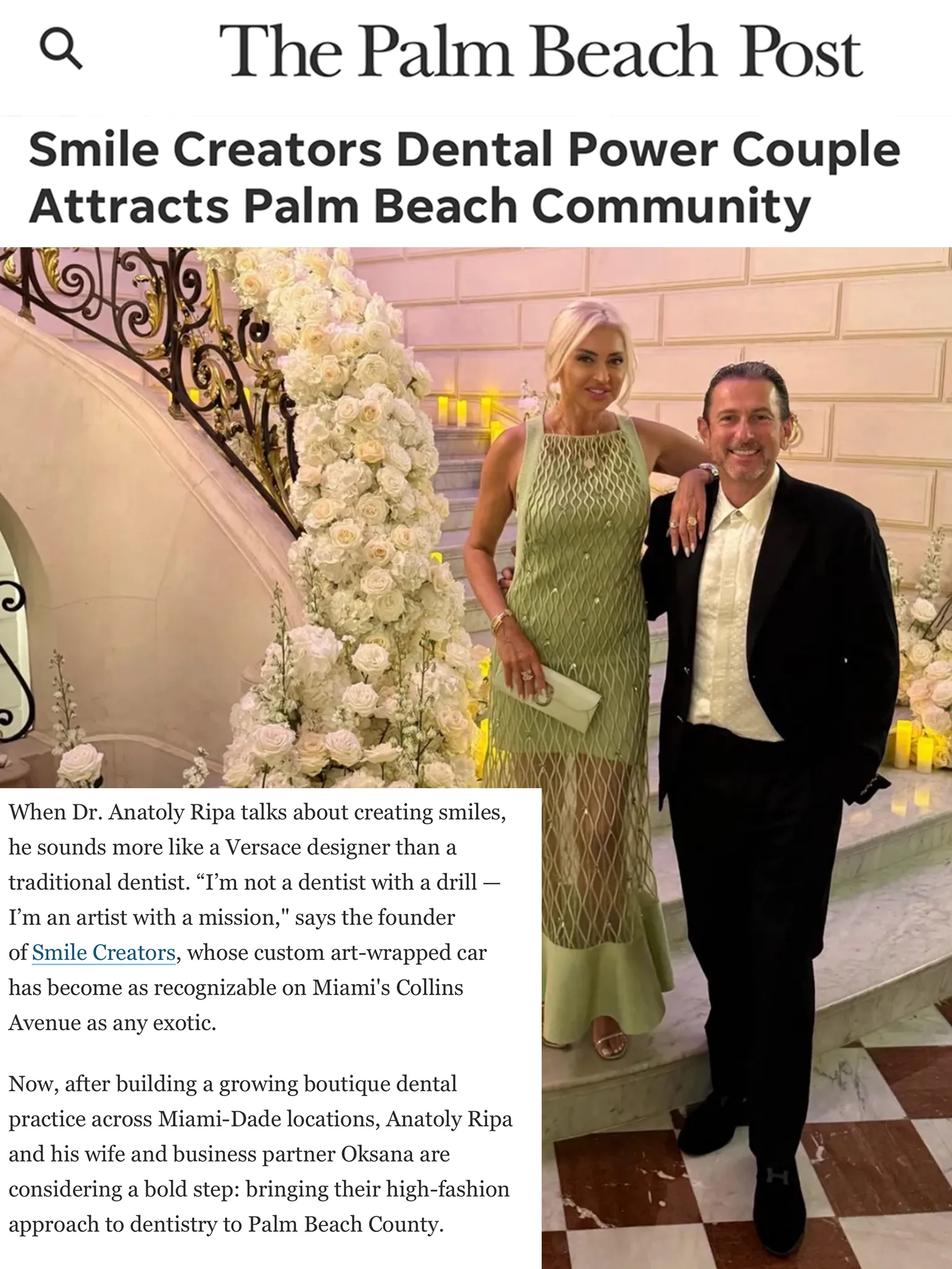 A smiling couple in formal attire, posing on a staircase, article about