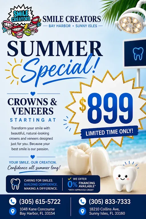 Smile Creators summer special ad for crowns and veneers, starting at $899, with smiling teeth graphic.